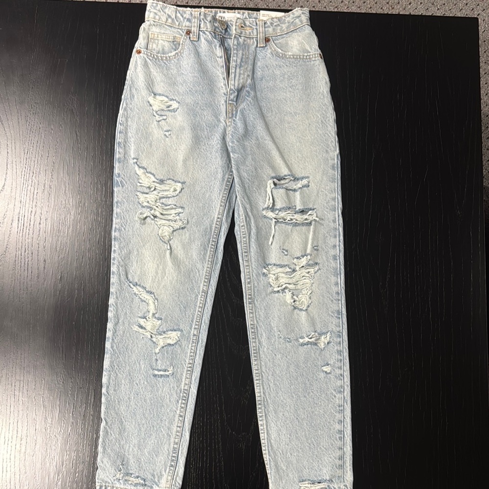Zara Blue Straight Leg Distressed Jeans